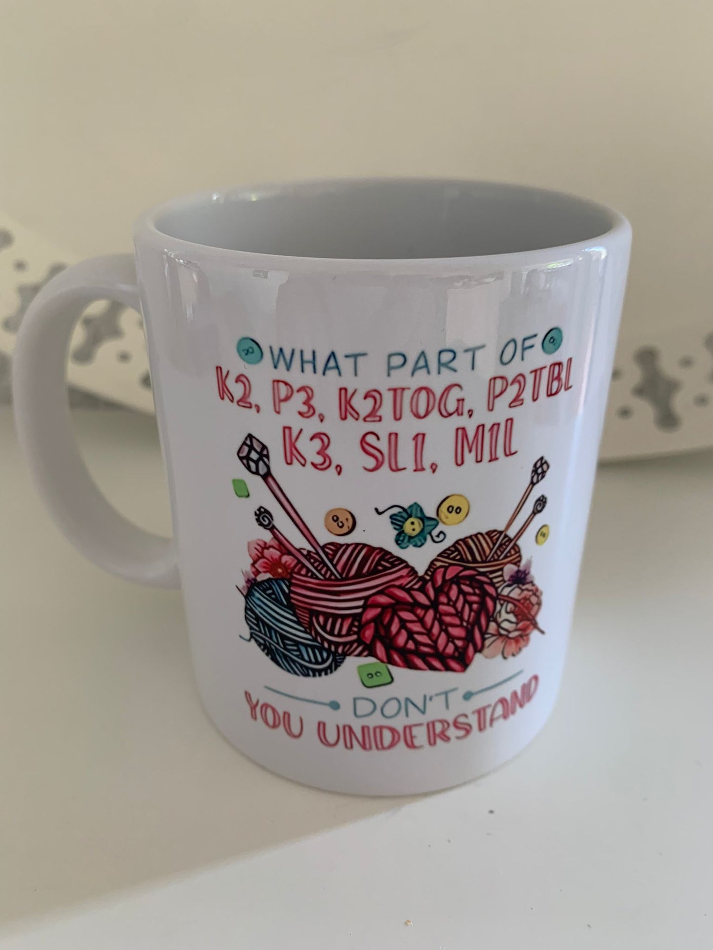 Tasse mit Spruch , Handarbeit, Knit, Purl