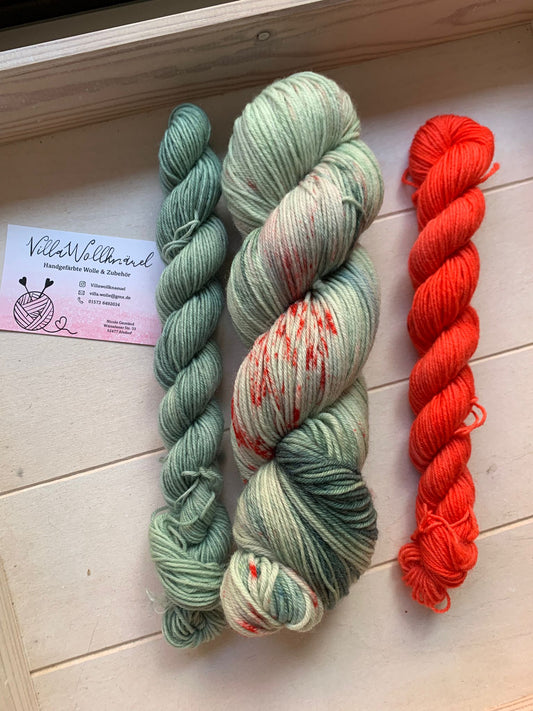 Sock Set, grün rot, Merino extrafine, Schuwolle, handgefärbt