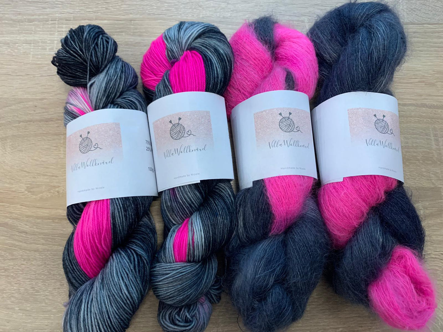 Mohair, pink, schwarz, handgefärbte Wolle