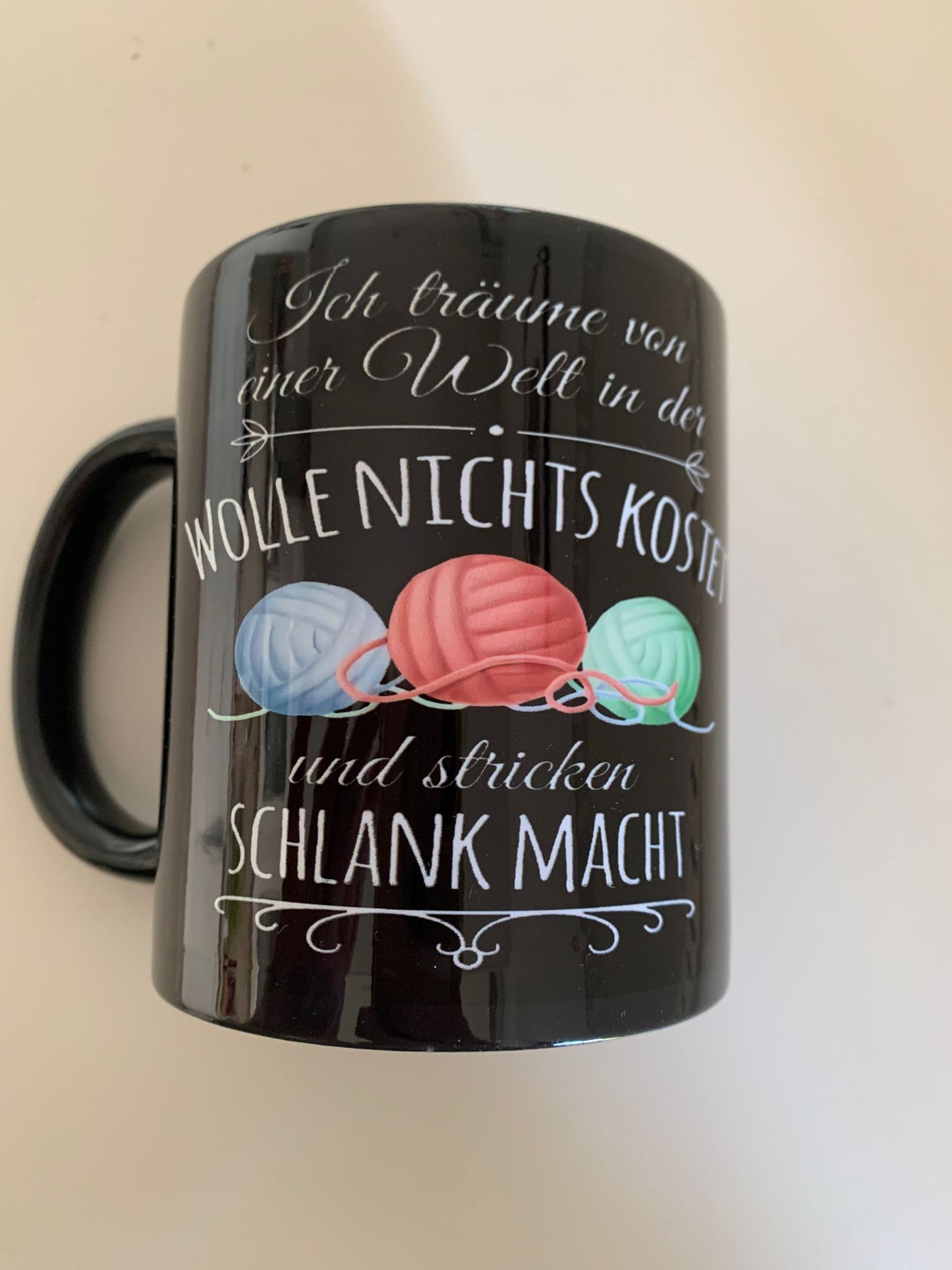Stricktasse, Spruch, Handarbeit, schwarz